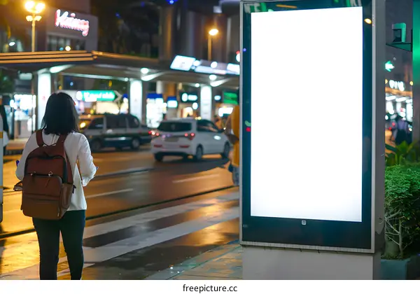 Blank Billboard Mockup with Woman in City at Night