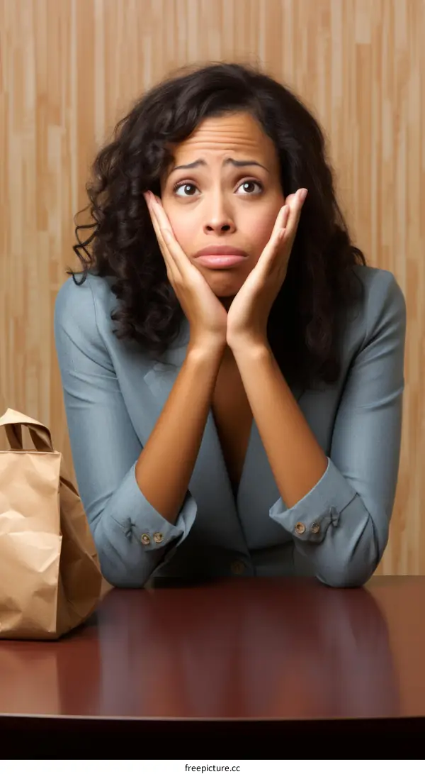 A young woman sits at a table with a brown paper bag of food, looking bored