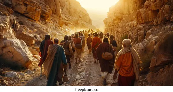 A group of people walking through a rocky canyon