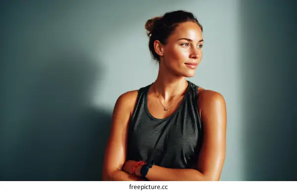 A Caucasian woman posing for a fitness photo
