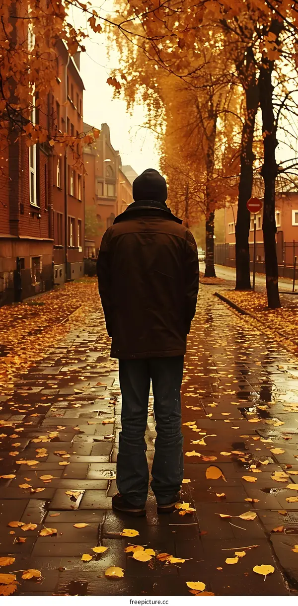 Man Walking in Fall Leaves on a Sidewalk
