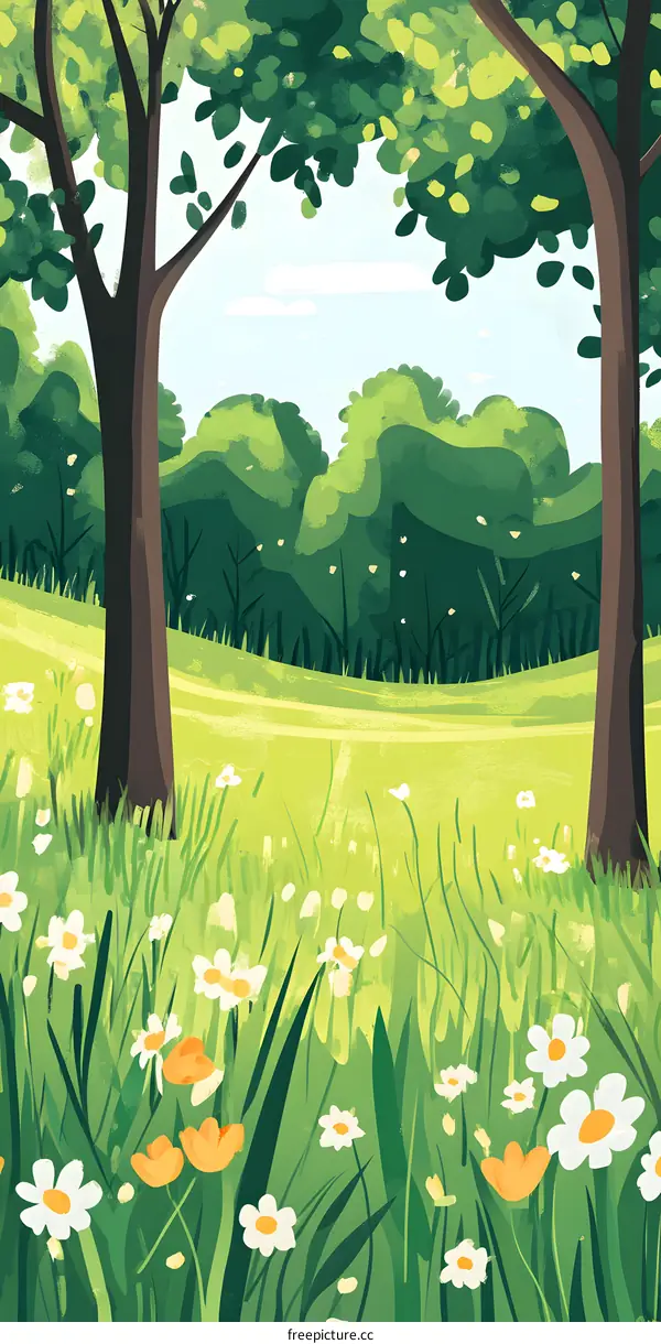 Green Meadow Landscape With Daisies