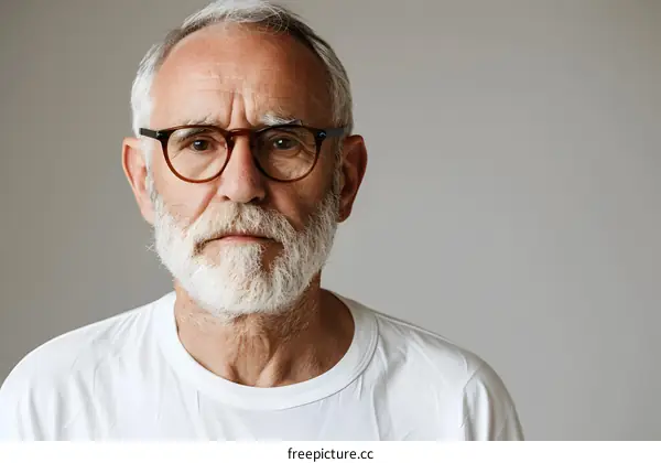 portrait of a senior man with grey hair and beard wearing glasses looking at the camera