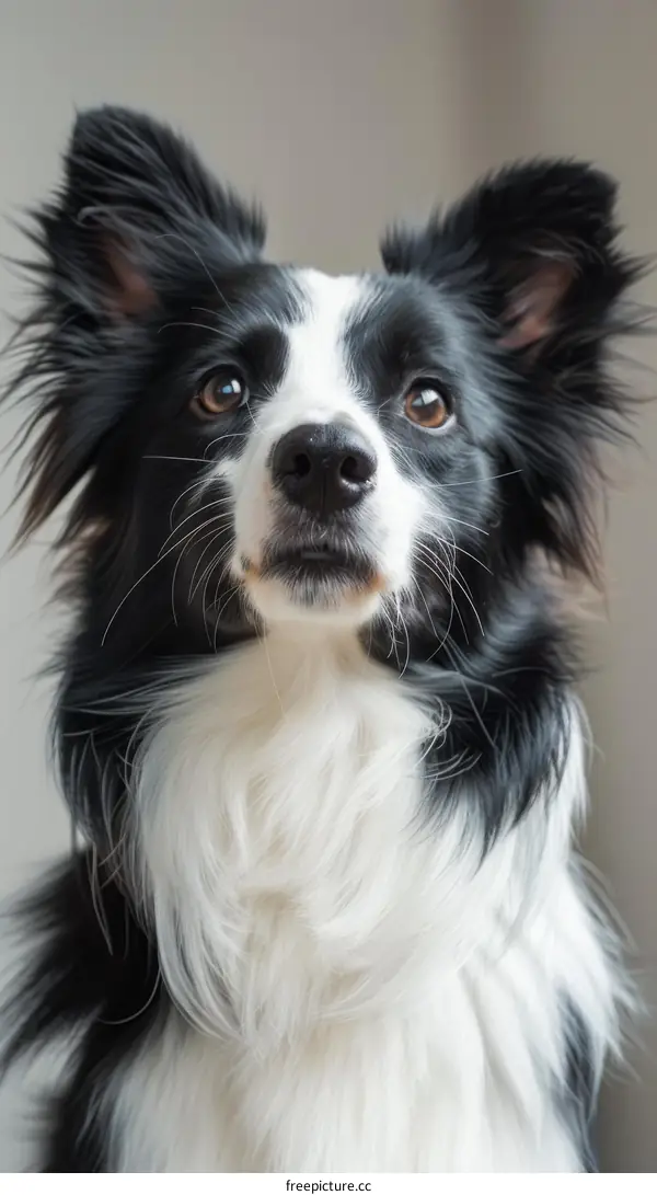 A Border Collie staring at the camera with a thoughtful expression on its face