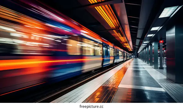 Subway Train Speeding Through Station