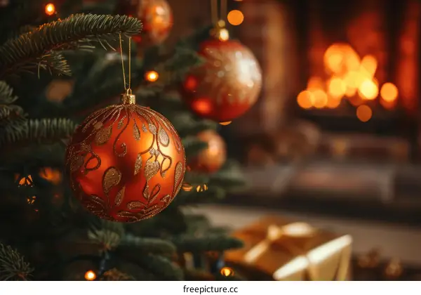 Christmas tree with red and gold ornaments