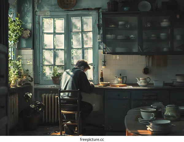man sitting in a kitchen writing in notebook