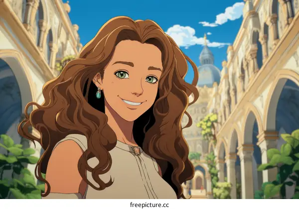 Illustration of a Smiling Young Woman in a White Dress