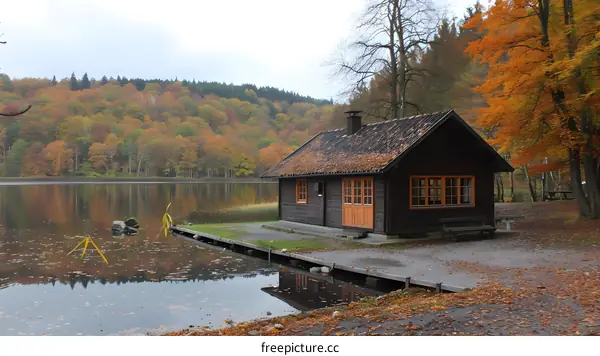 Small wooden cabin on lake in autumn forest