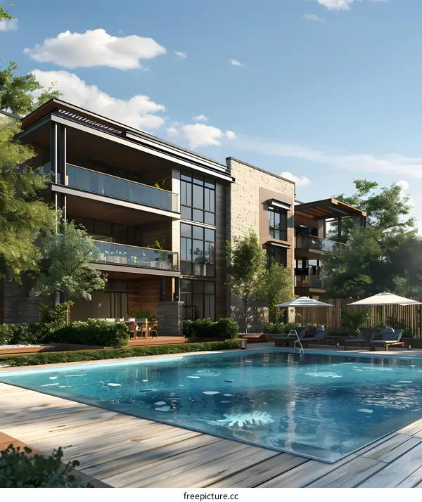 Modern Apartment Building with Swimming Pool and Lush Greenery