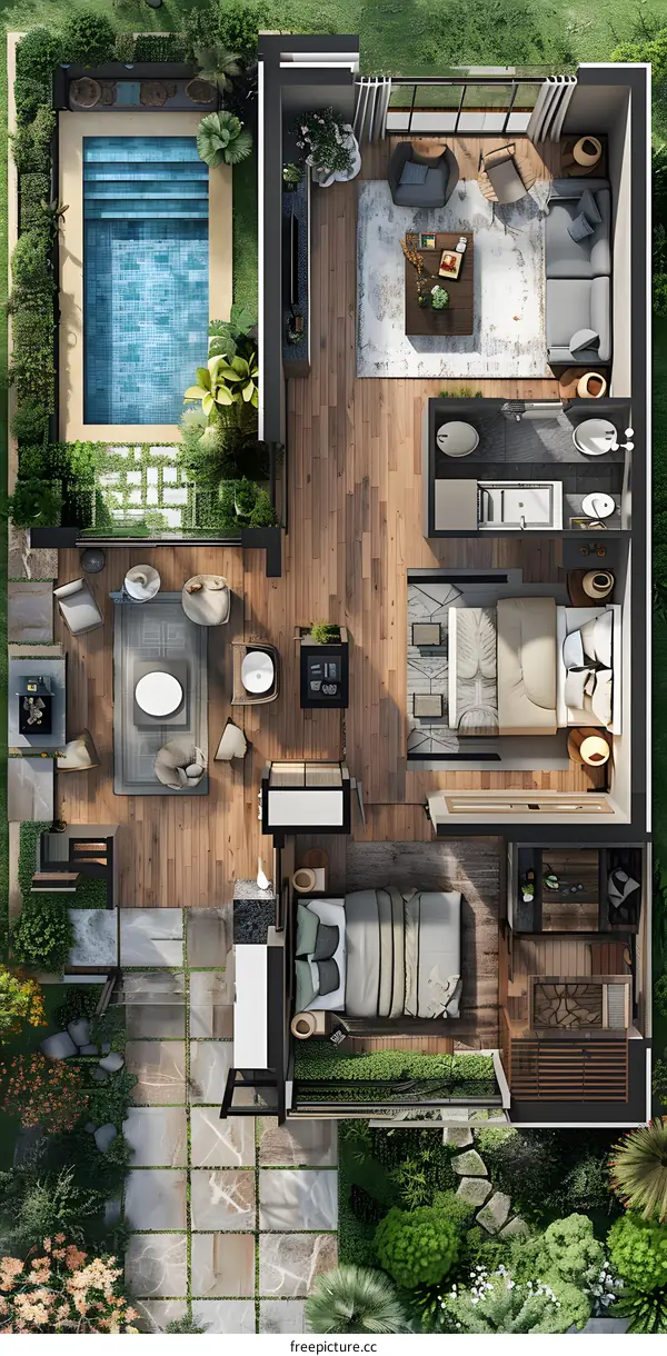 Top view of a modern house with swimming pool