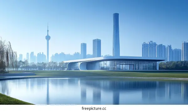 Modern Architecture by the Lake in Cityscape