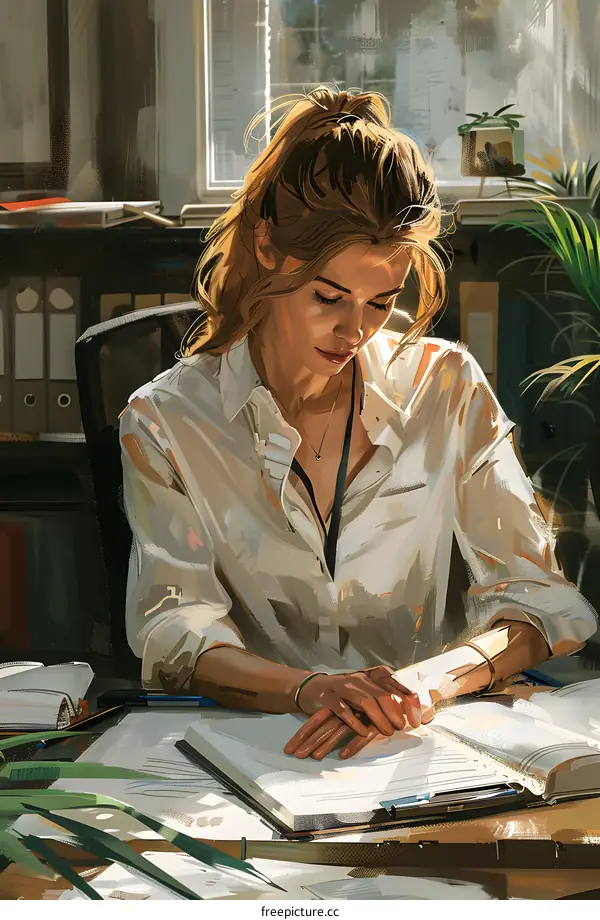 Beautiful blonde woman reading a book at her desk