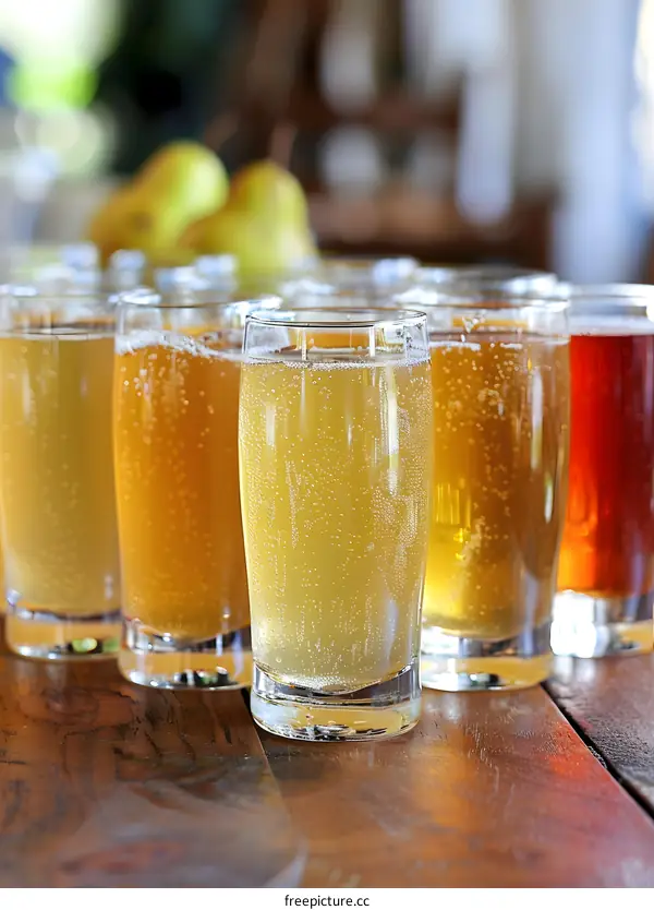 Golden Cider in Glasses on Wooden Table