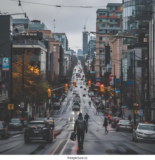 Rainy Day Street View In Downtown City