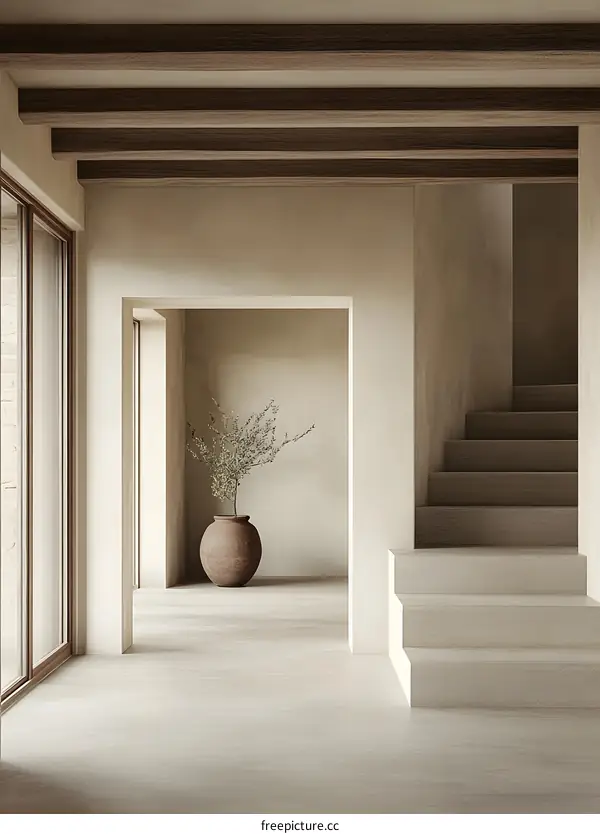 Minimalist Interior Design with Wooden Beams and a Plant in a Clay Pot