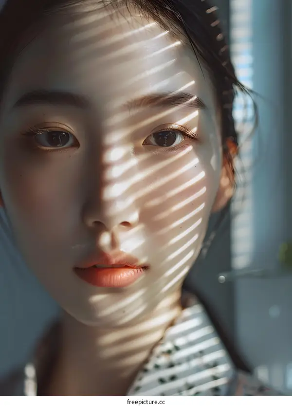 Close Up Portrait of a Young Asian Woman with Light Through Blinds