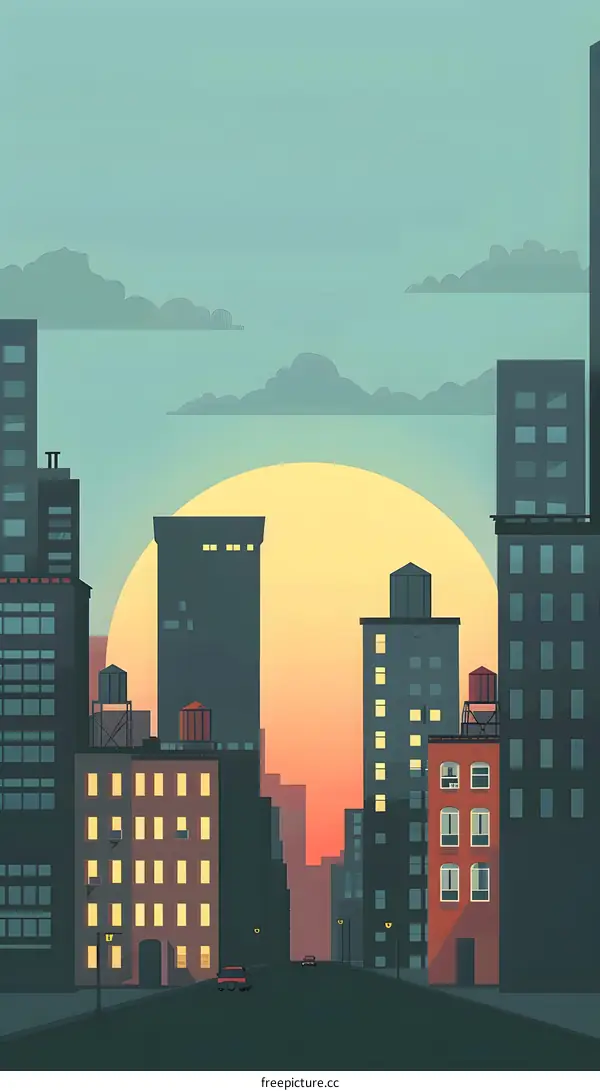 Sunset Cityscape Illustration with Buildings and Cars