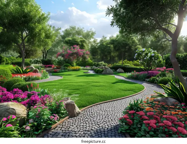 Colorful Flower Garden with Stone Path