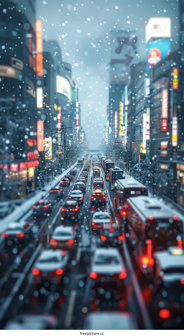 Snowy City Street Gridlocked in Traffic