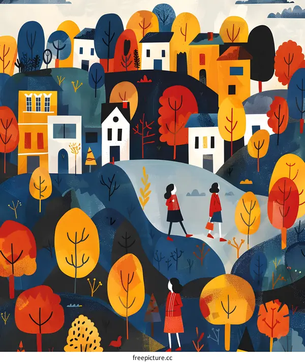 Autumn Village with Three Women Walking in the Forest