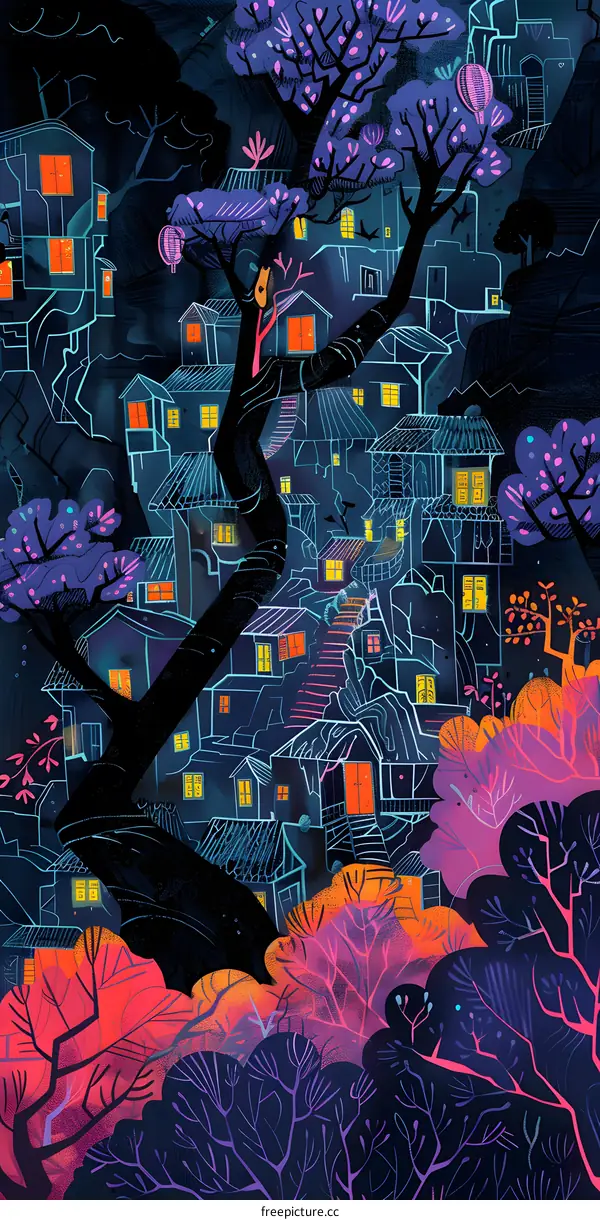 Nighttime Village Illustration With Colorful Trees