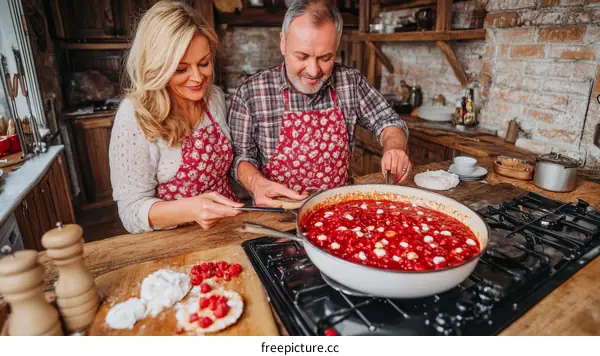 Couple Cooking Delicious Tomato Sauce Dish