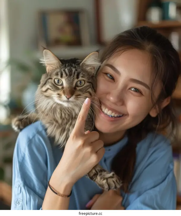 A woman is holding a cat on her shoulder and smiling at the camera