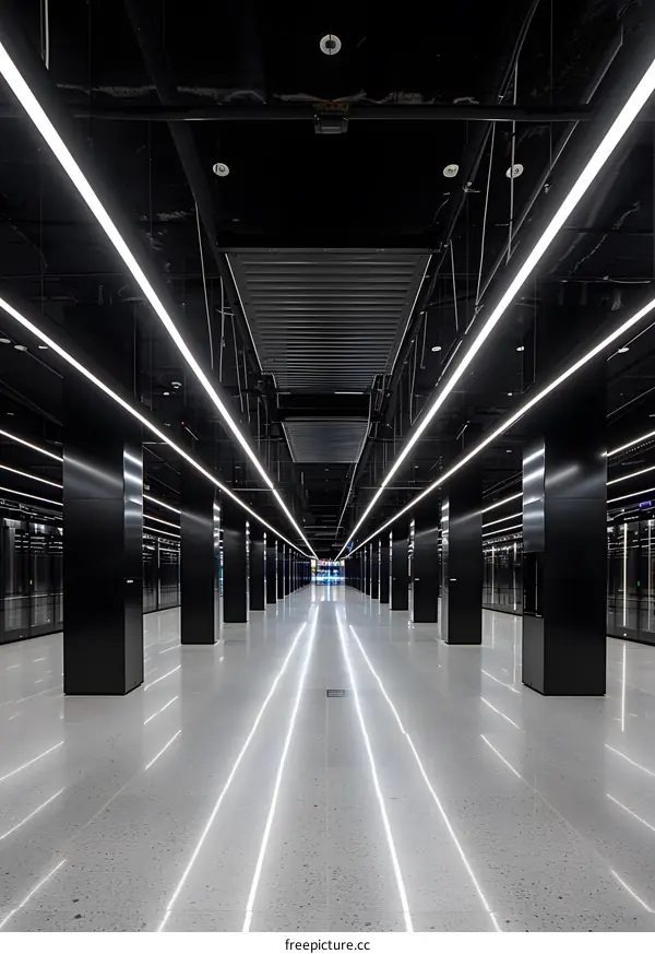 Modern Black and White Interior Design of a Long Hallway With Multiple Columns