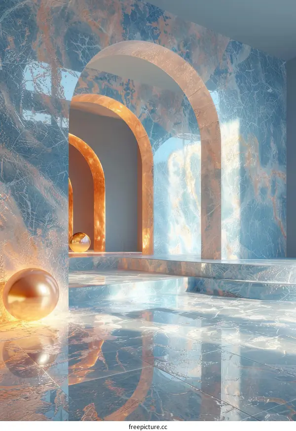 Modern Blue and White Corridor with Arched Ceiling