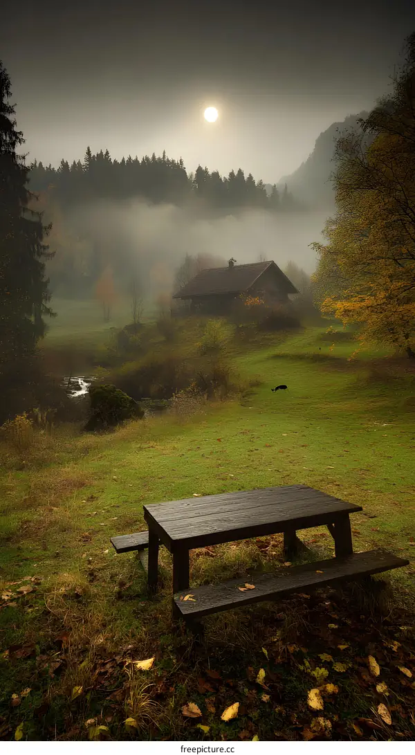 Wooden Picnic Table in a Misty Forest with a Cabin and Sun