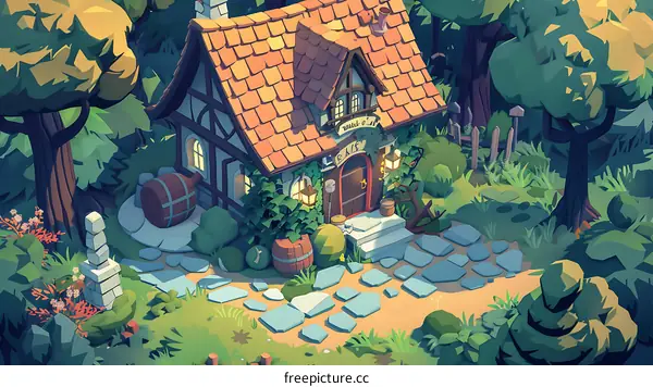 Cute Cartoon House Illustration With Green Trees