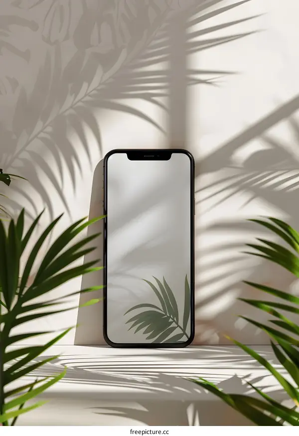 Smartphone Mockup with Palm Leaves and Shadow