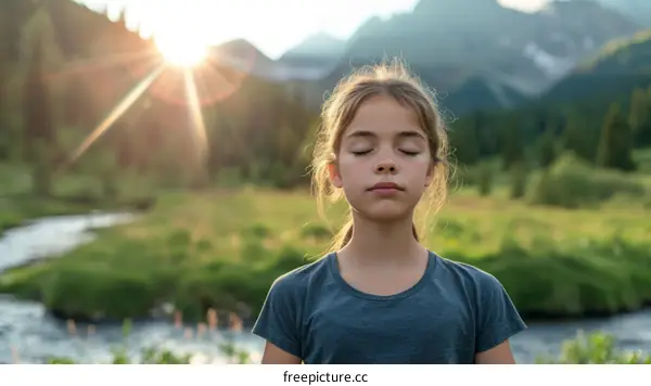 Young girl meditating in nature with eyes closed and sun rays in the background