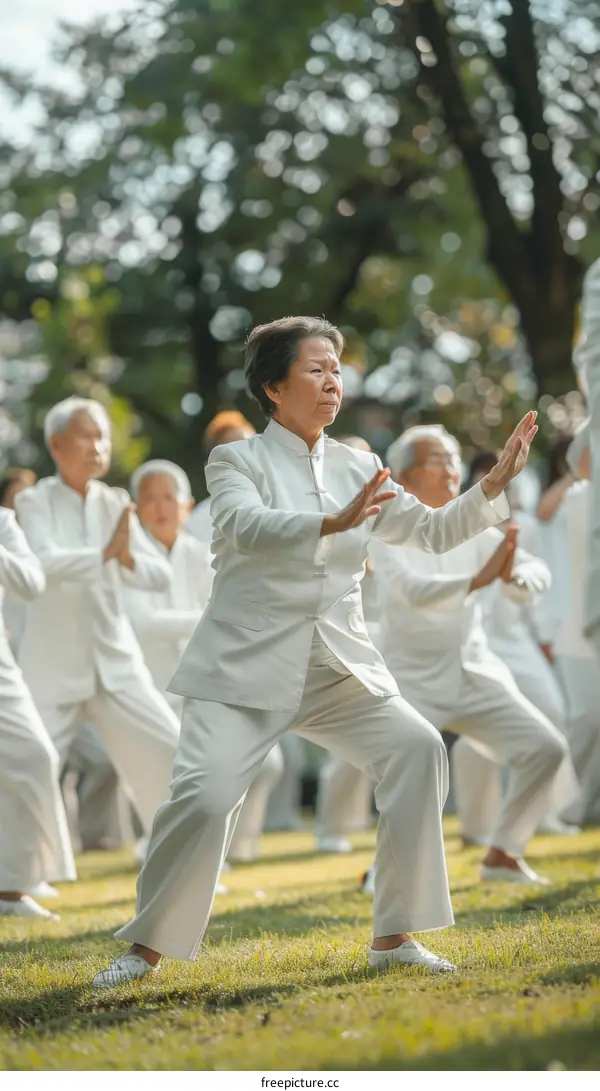 A group of elderly people are practicing Tai Chi in a park.