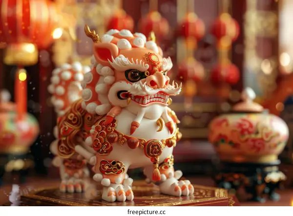 A Chinese guardian lion statue