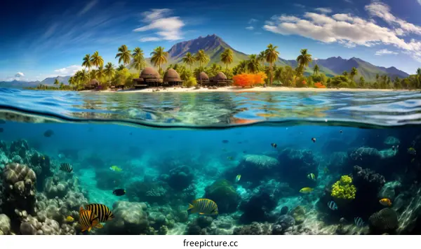 Tropical Paradise Island with Crystal Clear Water, Coral Reef and Overwater Bungalows