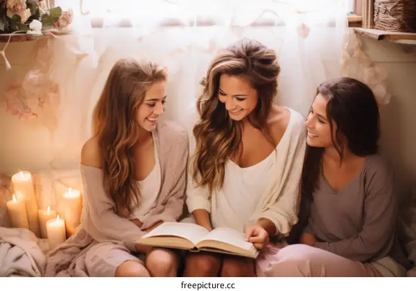 Three young women reading a book together