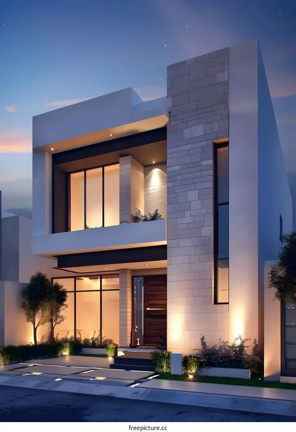 Modern Minimalist House Facade Design with Stone Walls and Landscape