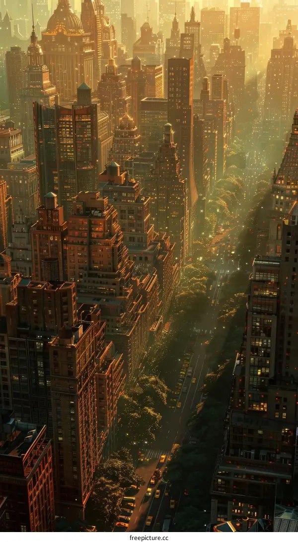 Aerial View of a Cityscape with Golden Light