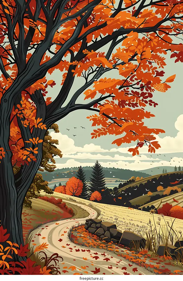 Autumn Landscape with Winding Path and Falling Leaves