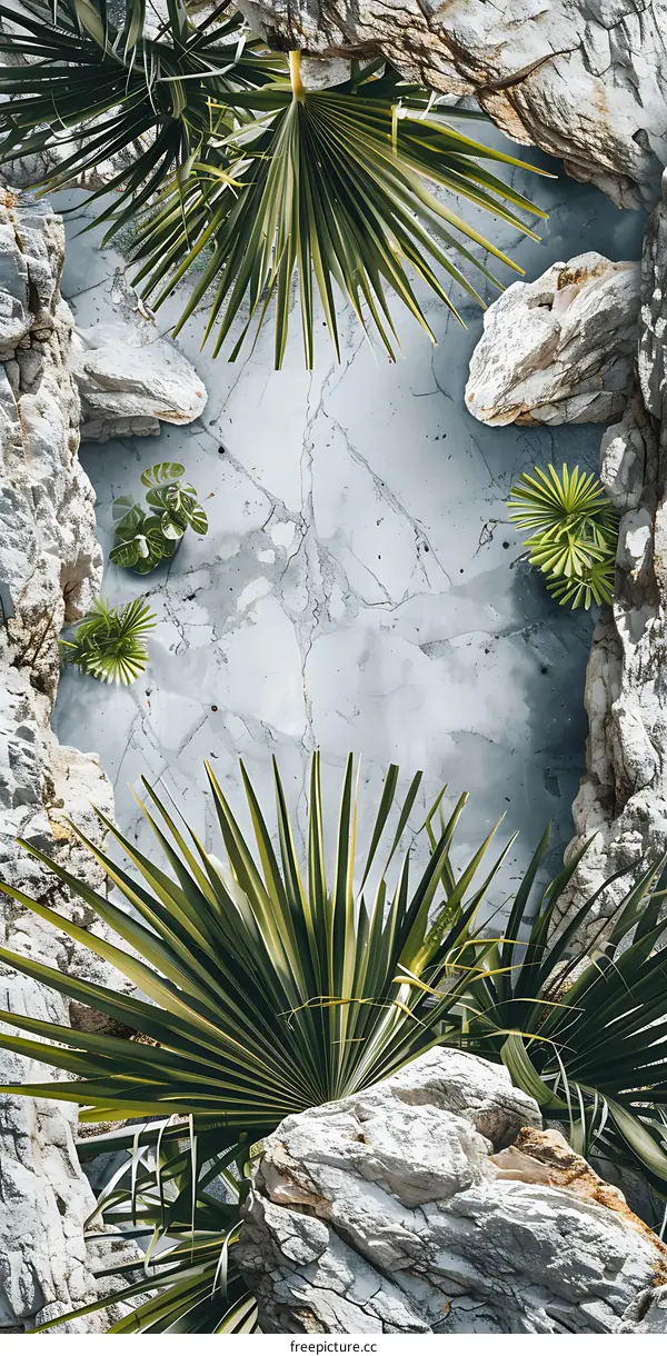 Tropical Palm Leaves and Stones Background