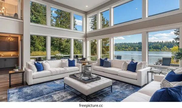 Modern Living Room with Lake View