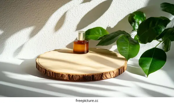 Natural Beauty Product Display on Wooden Slice