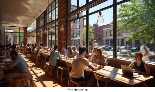 A group of people are sitting in a cafe working on their laptops