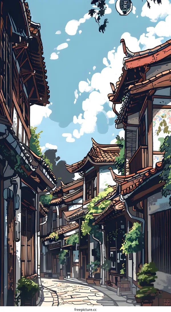 Traditional Chinese Architecture Illustration with a Curved Street