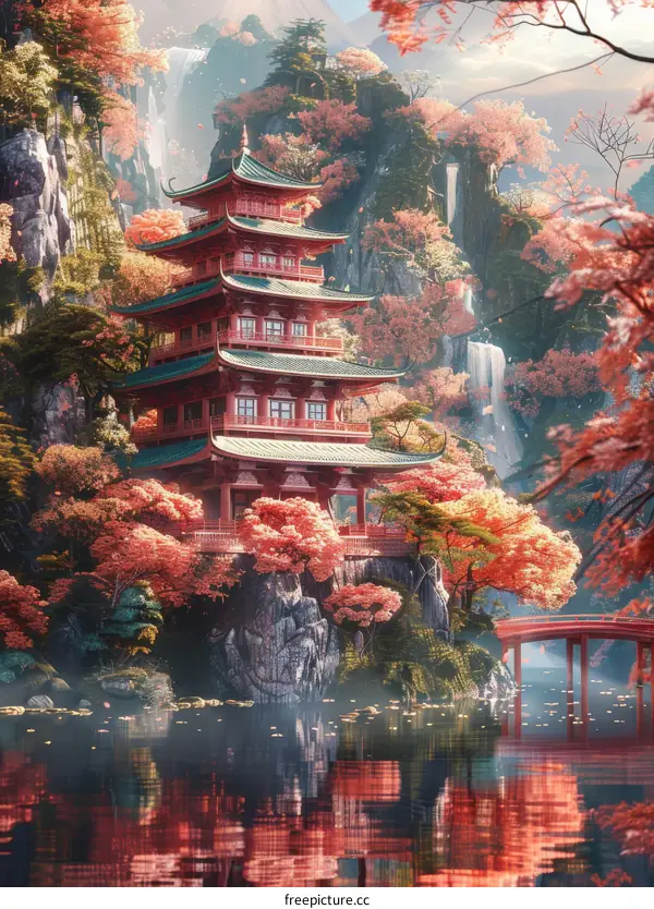 Oriental Landscape: Pagoda and Bridge in Autumn