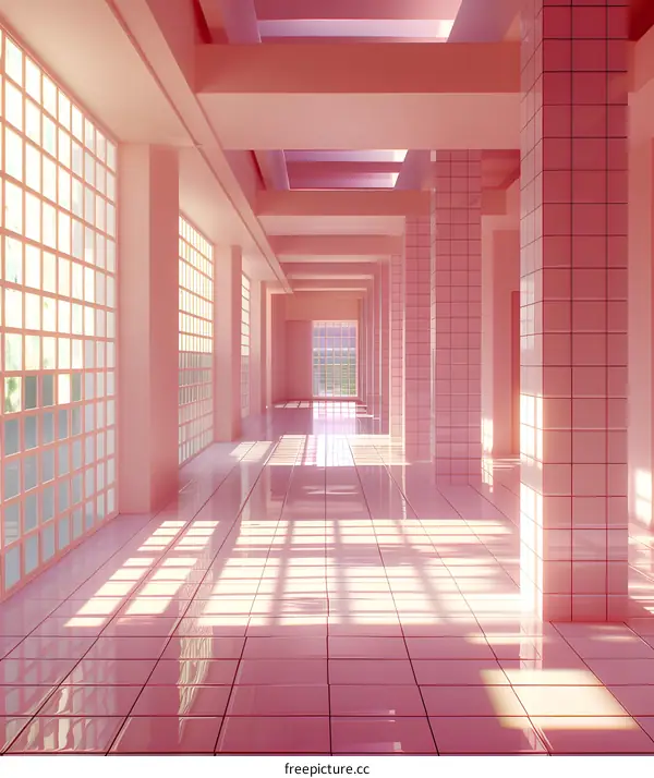 Pink Hallway With Shiny Tiles and Windows