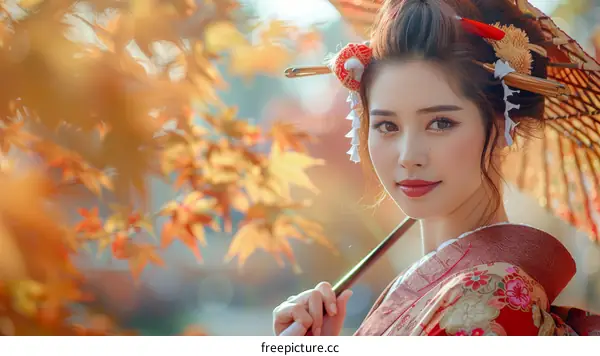 Portrait of a beautiful Japanese woman in traditional kimono