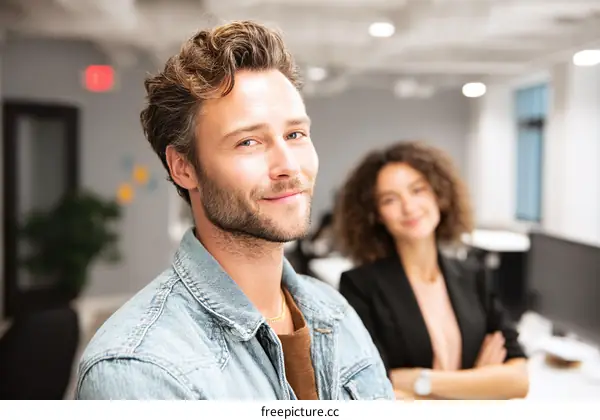 Two Colleagues Smiling in Modern Office